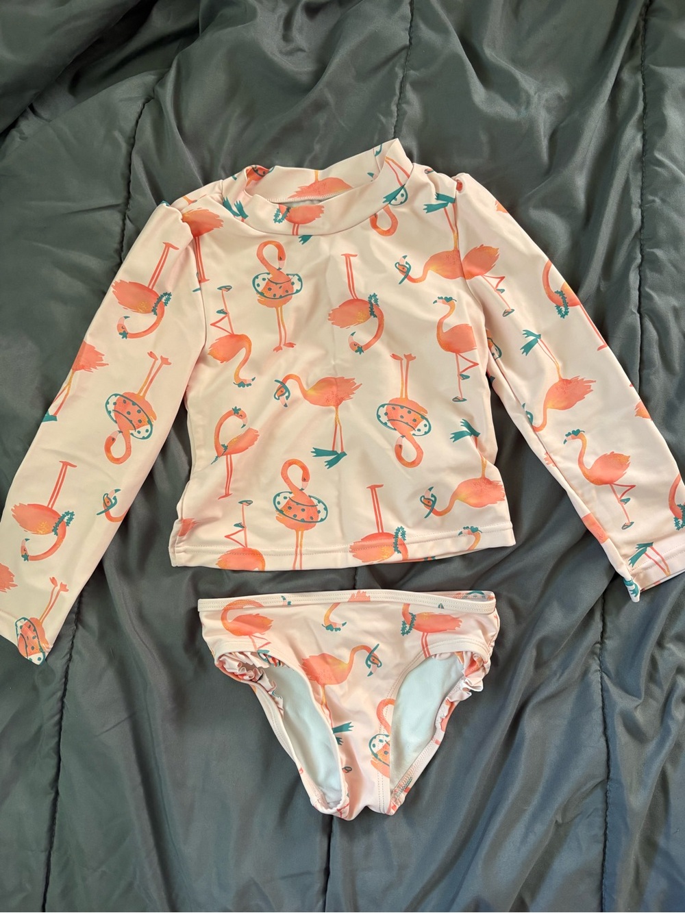 Kids Long-Sleeve Rash Guard Swimsuit Set - Pink Flamingo Print
